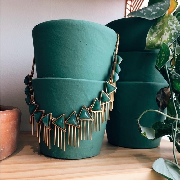 Vintage Jewelry - Vintage 1970’s Green Glass Triangles + Brass Bohemian Fringe Necklace